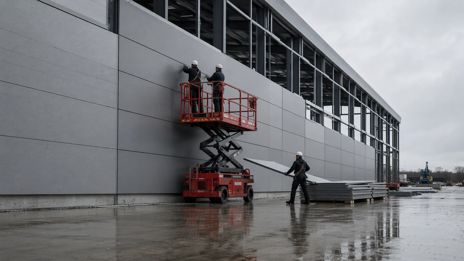 Cladding fixers on a mobile platform fitting panels to the wall of a large new warehouse