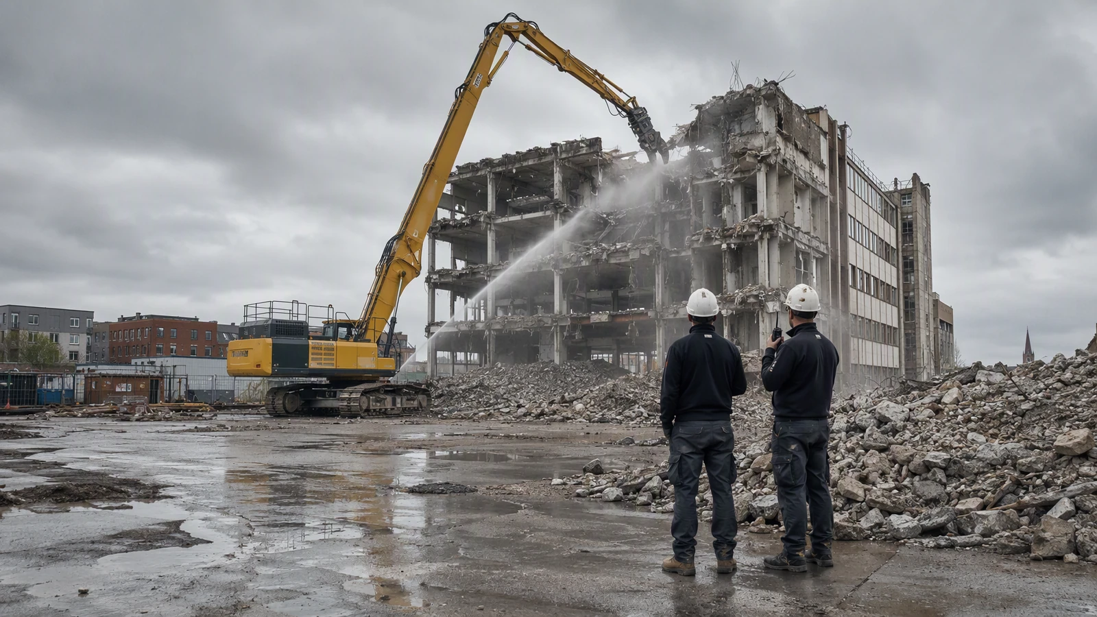 A high-reach excavator demolishing a concrete office block on a brownfield regeneration site