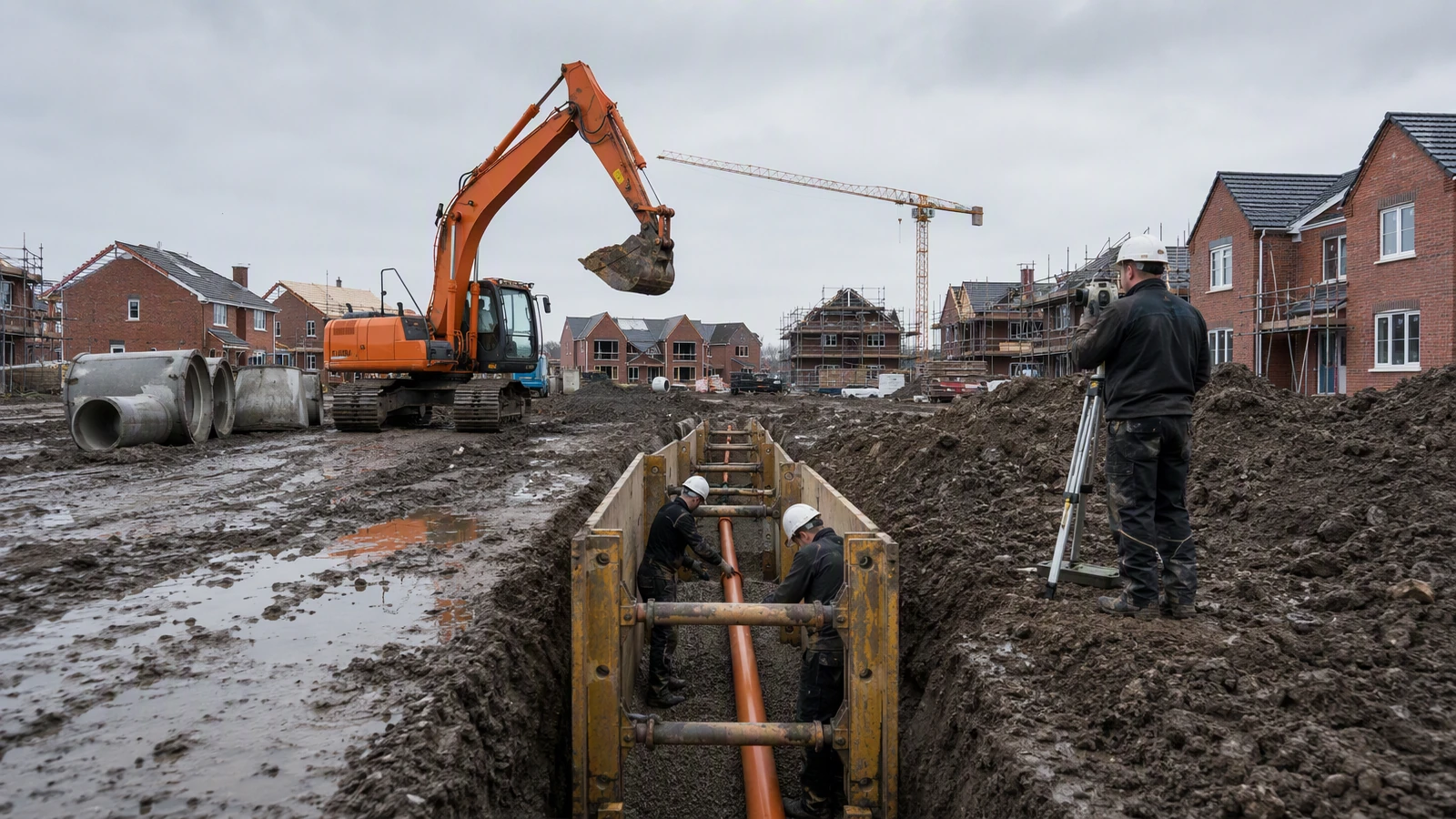 Groundworkers laying a drainage pipe run in a trench on a large housing development