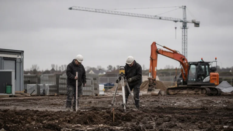 Groundworkers setting out foundations on a live construction site with a tower crane behind them