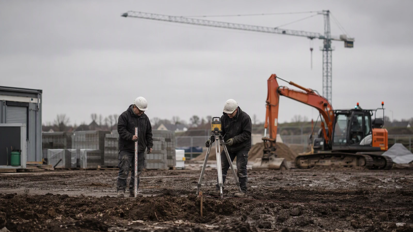 Groundworkers setting out foundations on a live construction site with a tower crane behind them