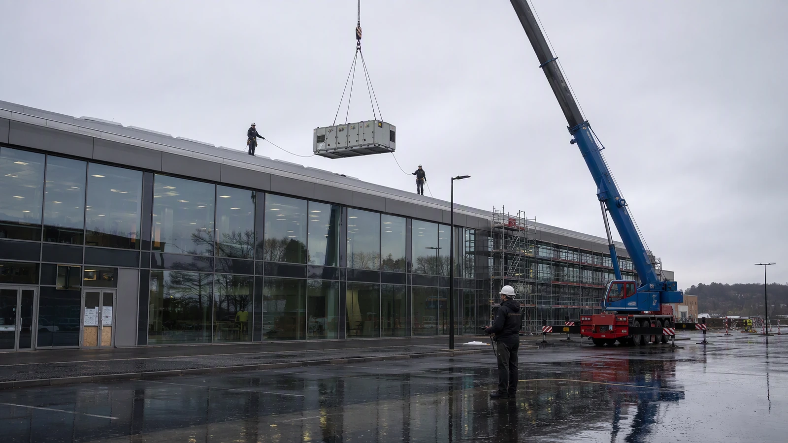 A mobile crane lifting an air handling unit onto the roof of a new hospital wing