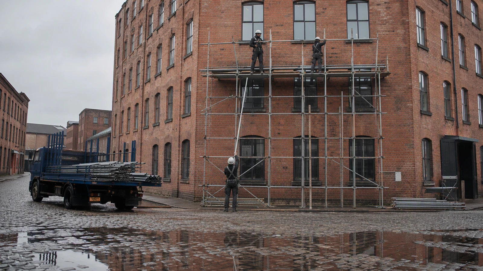 Scaffolders erecting a tube and fitting scaffold on the face of a former mill building
