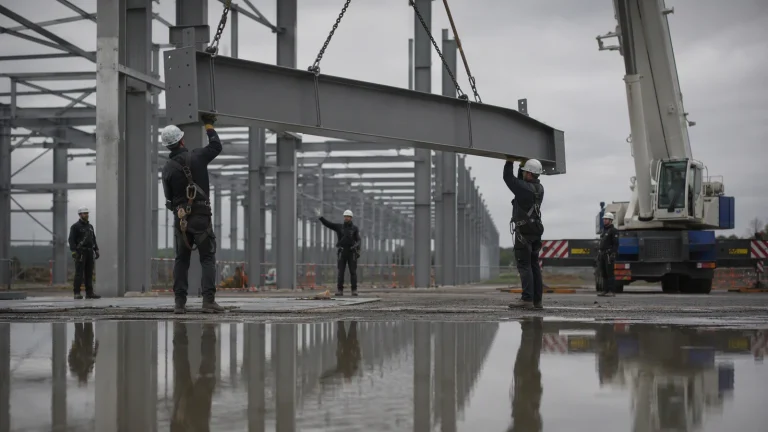 A steel erection crew landing a portal frame rafter from a mobile crane on a large industrial unit