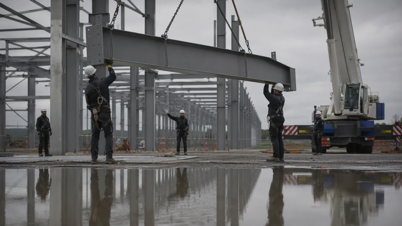 A steel erection crew landing a portal frame rafter from a mobile crane on a large industrial unit