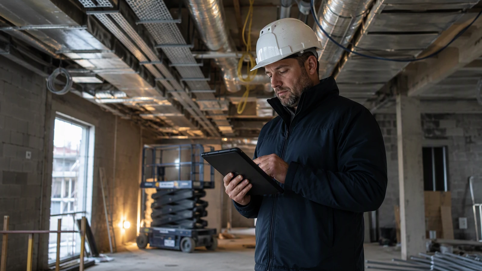 M&E contractor checking containment against drawings on a tablet in a commercial ceiling void