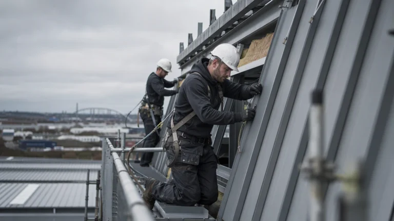 Roofing and cladding operatives fitting standing-seam panels on a new industrial unit
