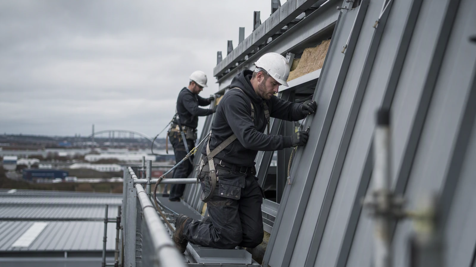 Roofing and cladding operatives fitting standing-seam panels on a new industrial unit